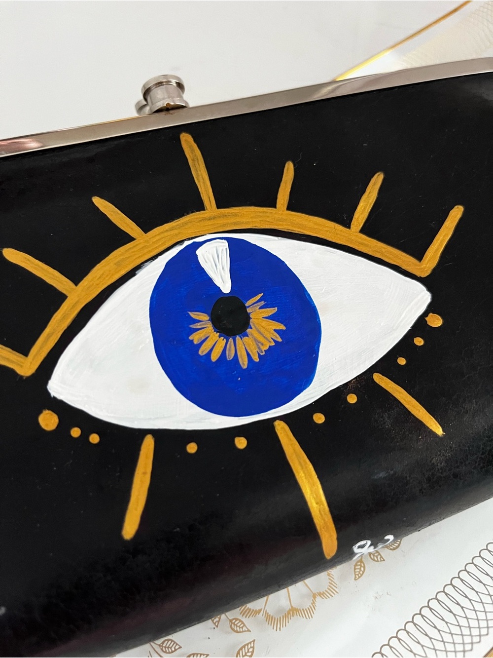 HOBO Black Clutch with Painted Blue & Gold Evil Eye Motif - Picture 2 of 9